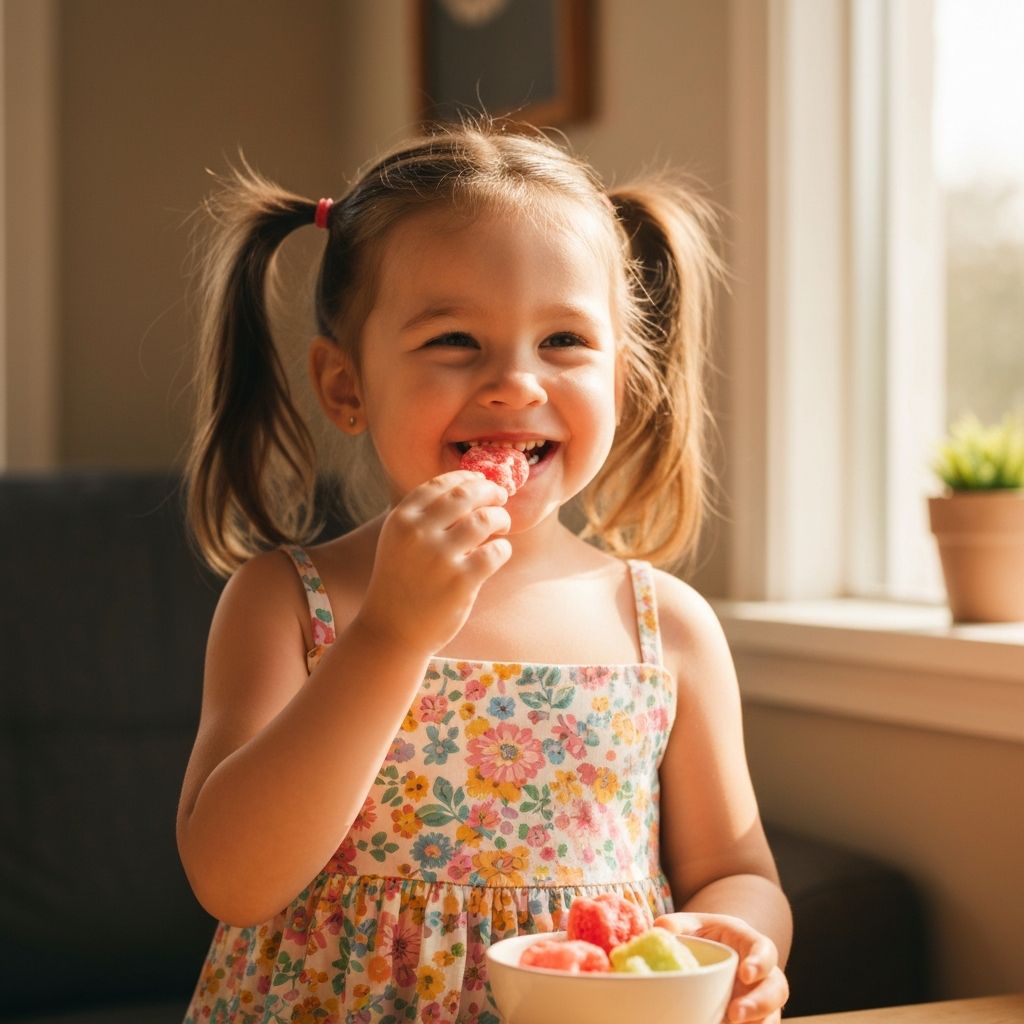 Cute little girl enjoying freeze-dried fruits
